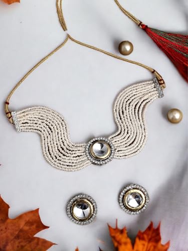 Image of ASMITTA Jewellery White Kundan Pearl Choker Necklace Set for Women with Earrings Bridal Jewellery Set for Wedding & Traditional