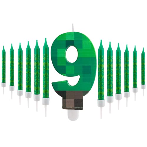 13Pcs Pixelis Anniversaire Bougie 9 ans, Thème Pixel Vert pour Gâteau d'Anniversaire Gâteaux pour Garçons et Filles Enfants Décoration Fête Anniversaire