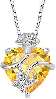 FJ Heart Birthstone Necklace for Women 925 Sterling Silver Butterfly with Rose Flower Jewellery Gifts for Women Mom Wife Girls Her