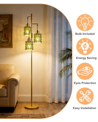 Image of Lightdot 67 inch 3-Light Glass Floor Lamp for Living Room, Dimmable with Green Glass Shade & E12 Bulbs Included, Mid Century Standing Tall Lamp with 5Lbs Heavy Base for Bedroom /Sofa Beside /Corner - Gold