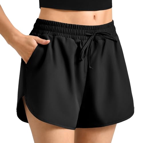 Walifrey Running Shorts for Women with Liner High Waisted Lightweight Quick Dry Summer Athletic Shorts with Pockets for Gym Workout Black L