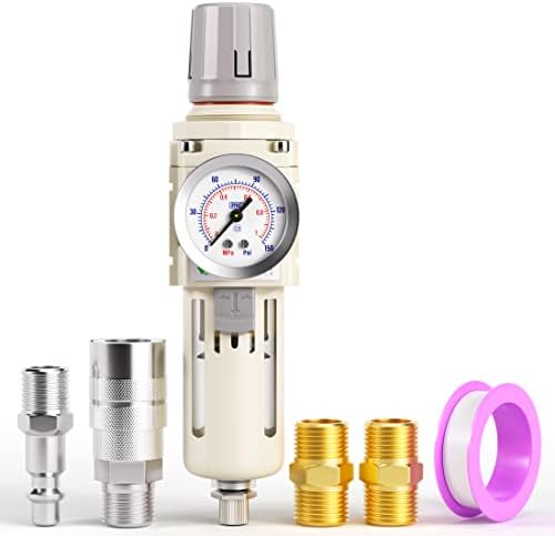 TAILONZ PNEUMATIC 1/2 Inch NPT White Air Filter Pressure Regulator Combo Piggyback, Air Tool Compressor Filter with Gauge AW4000-04