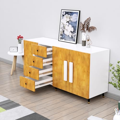 Image of Bniture Storage Cabinet Wooden for Living Room Sideboard with 4 Drawer and 3 Door | Storage Organizer Chest of Drawer Cabinet for Home Hallway Drawing Room Bedroom Kitchen | Frosty White & Giant Wood