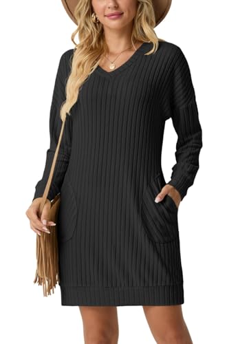 PrinStory Schwarzes Damen Pulloverkleid Winter Mit Taschen V-Ausschnitt Langarm Pulloverkleid Komfortabel Kleider (Schwarz, M)