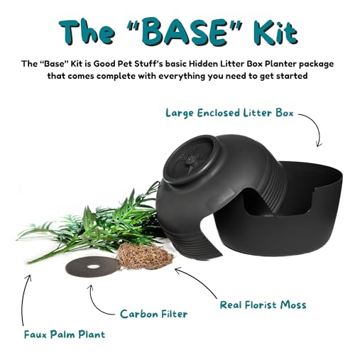 Image of Good Pet Stuff Hidden Litter Box Planter, Decorative Cat Litter Enclosure with Carbon Filter, Artificial Plant, Easy Clean, Indoor Design, Original Round Style, Base Kit, Black Suede