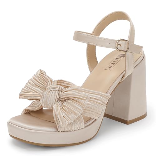 IDIFU Nude Platform Heels for Women - Chunky Block High Bow Square Open Toe Slingback Sandals - Bride Bridesmaid Wedding Bridal Prom Dress Shoes - Cute Ankle Strap (Nude Satin, 8)