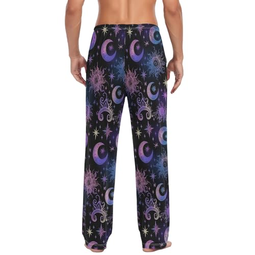 Men’s Sun Moon and Stars Pajama Pants with Pockets, Comfortable Lounge Sleep Bottoms#2742