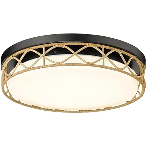 Luminzone 15'' LED Rattan Ceiling Light, 22W Farmhouse Flush Mount Ceiling Light Fixtures, Hand-Woven Boho Light for Bedroom, Laundry Room, Bathroom, Kitchen, Entry Cover
