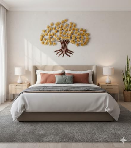 Image of Bharat Art Metal Big Tree Wall Art | Handcrafted Iron Peepal Led Tree Wall Hanging for Living Room, Bedroom, Hall, Office & Entrance Decor (Peepal Golden, 58 x 4 x 41 Inch) W038 A
