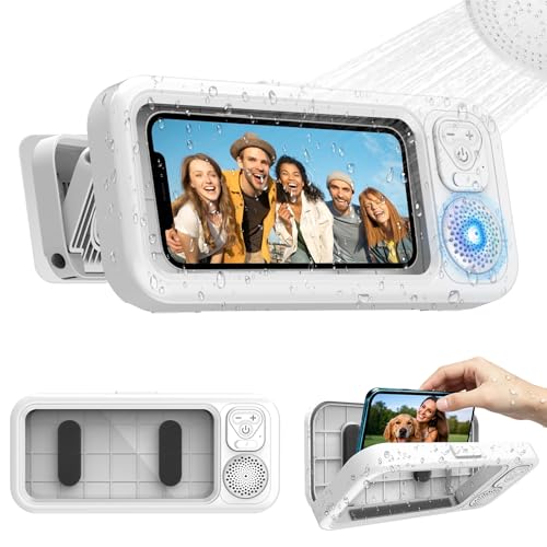 HOMHOW Shower Phone Holder Waterproof with Wireless Bluetooth Speaker 360 Rotation Wall Mount Phone Holder for Shower Anti-Fog High Sensitivity Shower Phone Case for Bathroom Bathtub Kitchen Mirror