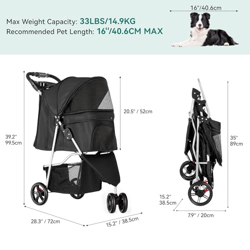 YITAHOME 15 kg Faltbarer Hundewagen, Katzenbuggy mit 3 Rädern, Netzfenstern, Getränkehalter und Bremsen, geeignet für Haustiere unter mittlerer Größe Schwarz