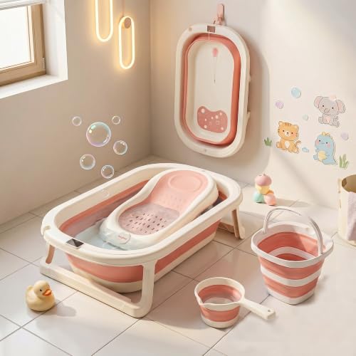 Image of Baybee Aquabee Baby Bath Tub Set for Kids | Portable Bathing Tub with Temperature Sensing | Foldable Bucket & Mug | Bath Seat Chair | Multi-Purpose Bathtub for Baby Bather for 0 to 5 Years (Pink)