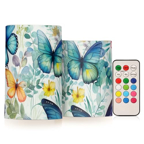 Image of Lights Flameless Candles Butterfly Floral Pillar Candles Set of 2 Battery Operated Remote Control Warm Lights Home Decor