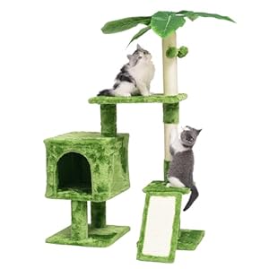JISSBON 106cm Cat Tree for Indoor Cats, Cat Tower with Scratching Boards, Large Plush Perch & Cat Condo with Leaves for Kittens, Adult Cats, Green