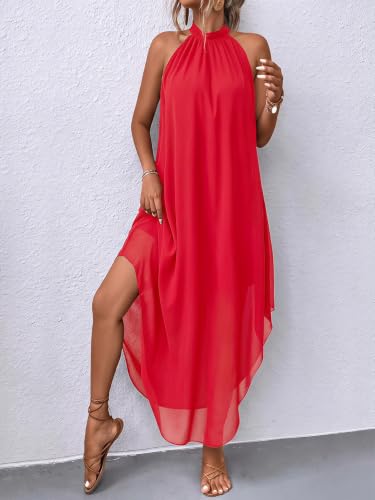 Image of Verdusa Women's Wedding Guest Dress Halter Flowy Chiffon Long Bouncy Dress | Cocktail Dress, Asymmetrical Dress for Women, Sleeveless, Prom Dress, Cruise Outfits, Boho