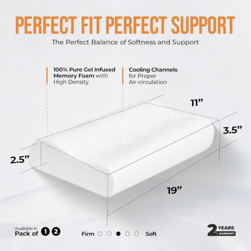 Image of CareFoam Orthopedic Cervical Memory Foam Pillow | Ergonomic Contour Neck Support Pillow for Back, Side & Stomach Sleepers | High Density Memory Foam | 19 x 11 x 2.5-3.5 Inch | White