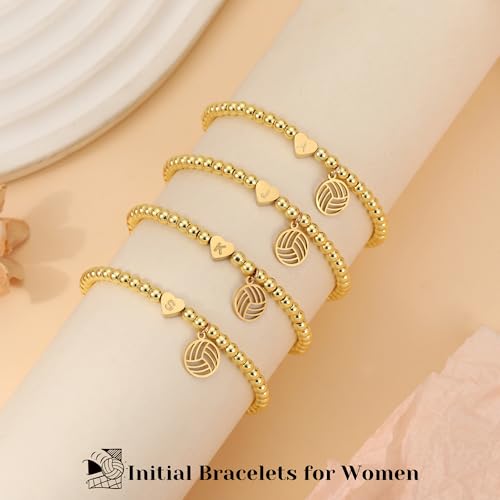 Volleyball Stuff, Volleyball Gifts Initial Bracelet Adjustable Letter A-Z Gold Beaded Bracelets for Women Heart Link Stocking Stuffers Mothers Day Gift Basket Christmas Graduation Jewelry4