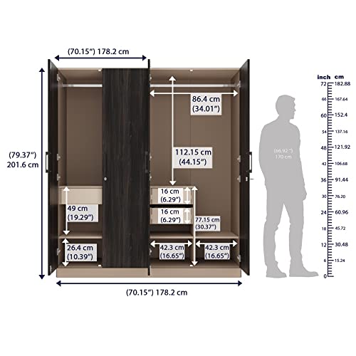 Image of Wakefit Wardrobe | 1 Year Warranty | Engineered Wood Almirah, Cupboard for Clothes Storage | 4 Door, Mirror, 5 Shelves, 1 Partition, 3 Drawers, 2 Hanging Space | Cashmere Plus - Frappe-Wyoming Maple