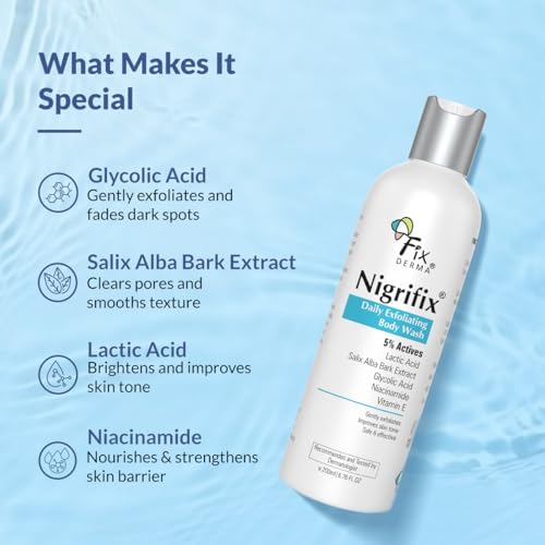 Image of Fixderma Nigrifix Exfoliating Body Wash with 5% Actives (Lactic Acid, Glycolic Acid, Niacinamide Acid & Vitamin E) | Gentle Exfoliating Shower Gel | Improves Skin Tone | Body Wash Shower Gel - 200ml
