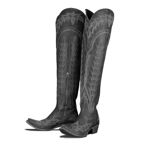 olomisa Over the Knee Cowboy Boots for Women Embroidery Cowgirl Boots Chunky Heel Side Zipper Boots Thigh High Western Boots