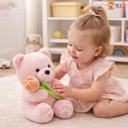 Image of ELITE CREATIONS Pink Teddy Bear with Flower 30 cm | Small Plush Teddy Bear Soft Toy | Huggable Stuffed Bear for Kids Girls | Birthday Gift Toy