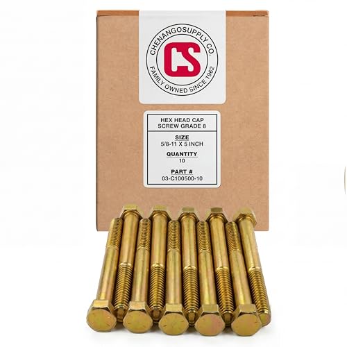 Image of Chenango Supply 5 /8-11 x 5 Grade 8 Hex Head Cap Screws, Alloy Steel Hex Bolts, 150,000 PSI Tensile Strength, Yellow Zinc Chromate Finish, USS Coarse Thread Fasteners (10 Pack, 5 /8-11 x 5 G8)