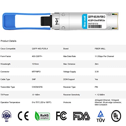 Image of 40G QSFP+ PLRL4 for Cisco QSFP-40G-PLRL4,40GBASE-PLRL4 QSFP+ 1310nm 2km DOM MTP /MPO SMF Optical Transceiver Module