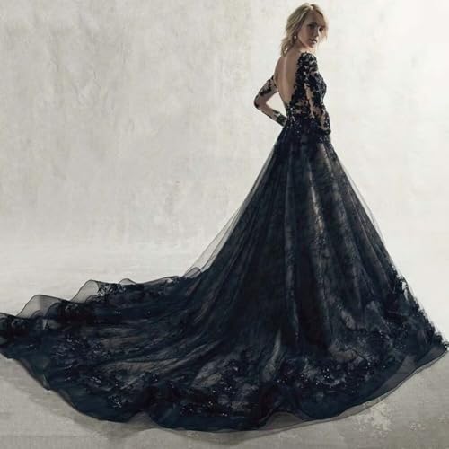TRHTX Gothic Black Wedding Dresses for Bride Long Sleeve Bridal Gowns V Neck Lace Appliques Wedding Gowns with Train2