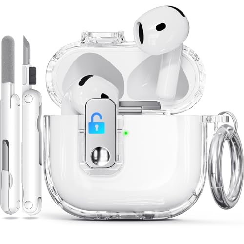 Secure Lock Case for AirPods 4, Ekoonpft Anti-Yellow Clear Cases for Apple AirPods 4th Generation 2024, Soft TPU Cover with Cleaning Kit Keychain for Women, Scratch-Proof