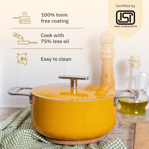 Image of Ember Cookware Arcilla Ceramic Dutch Oven 20 cm, 2.6L with Metallic Lid | 75% Less Oil Usage | Non Stick Induction Cookware | ISI Certified | Biryani Pot | Steel Handle | 5-Year Warranty |Benares Gold