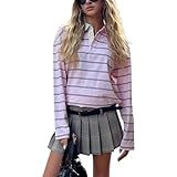 Rugby Shirts Women Long Sleeve Oversized Lapel Collared Cropped Striped Polo Shirt Y2k Vintage Button Up Pullover Sweatshirt Tops (Pink, S)