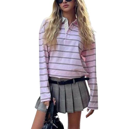 Rugby Shirts Women Long Sleeve Oversized Lapel Collared Cropped Striped Polo Shirt Y2k Vintage Button Up Pullover Sweatshirt Tops (Pink, S)