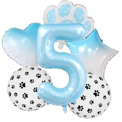 Image of 40 Inch Light Blue Paw Print Number 5 Foil Balloon Dog Cat Themed Set
