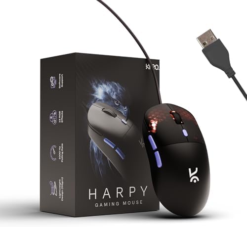 Kreo Harpy 55g Ultra-Light Wired Gaming Mouse with Customizable RGB (13 Modes), 12,800 DPI, 1000Hz Polling Rate, Symmetrical Ergonomic Design and Braided Cable