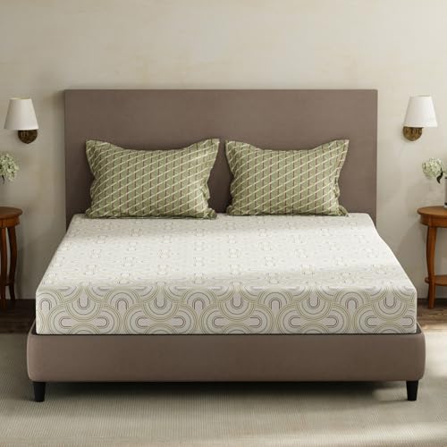 Image of Layers 100% Cotton King Size Bedsheet Set | White & Green Geometric Print | 120 TC Forever Collection | Soft & Breathable | Washable Bedsheet with 2 Pillow Covers | All Season