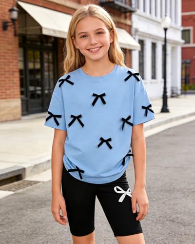 Image of Kids Girl Clothes Heart Print Short Sleeve Top and Shorts Cute Girl Summer Outfits Short Set