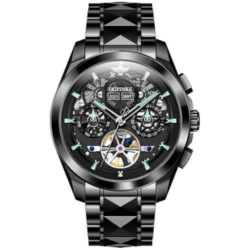 Image of OUPINKE Men Watch Automatic 5 Hands Multi Calendar Year /Month /Week /Date Mechanical 5ATM Waterproof Luxury Tungsten Steel Sapphire Crystal Wrist Watch for Men (3233:Black)