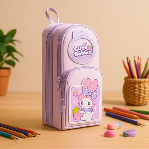 Image of Famyo Cute Pink Rabbit Pencil Pouch for Girls | Aesthetic Pencil Box for Kids | School Stationery Case & Cute Stationery Item with 3 Compartments | Pen Pouch Bag