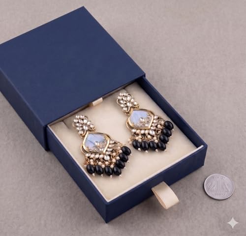 Image of Traditional 20K Gold Plated Kundan Chandbali Earrings with Black Beads and Faux Pearls for Women - Ethnic Wedding & Partyy Wear Statement Jewelry