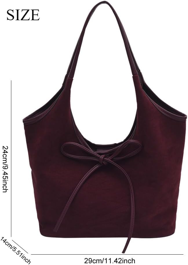 Bow Suede Tote Bag for Women - Brown Burgundy Work Hobo Handbags with Bow - Image 6