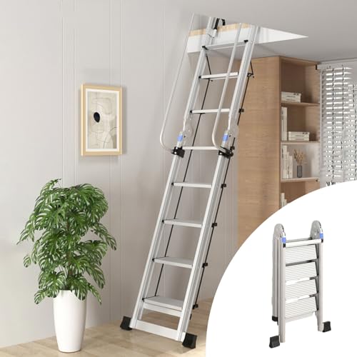 Escaleras para Áticos Escalera Portátil de Aluminio para Ático, Escalera de Escape Plegable para Interiores con Pasamanos y Base de Goma Antideslizante, Escalera Tipo Loft de Carga Alta para Sótano (