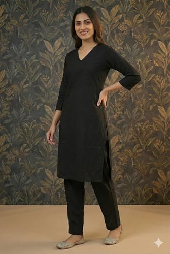 Image of JAIPUR HAND BLOCK Women's Cotton plain Straight Salwar Suit | V-Neck | 3 /4th Sleeve | Regular Fit | Daily, Office & Ethnic Wear(ST00125-V-NEW)
