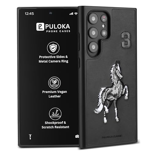 PULOKA - Mobile Cover Compatible for Samsung S24 Ultra - Horse Embroidery - Sleek & Stylish - Protective & Anti Scratch Phone Cover Vegan Leather Back Case - Men & Women - Santa Barbara Polo (Black)