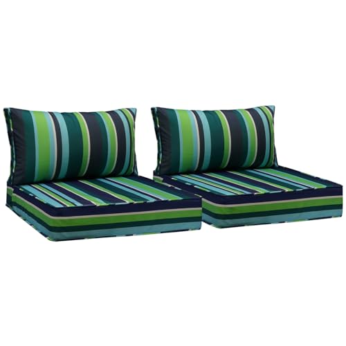 Image of AAAAAcessories Outdoor Seat Cushions for Chairs, Fade-Resistant, Waterproof Patio Furniture Replacement Cushions, 25.5 inch x 25.5 inch x 5 inch + 25.5 inch x 13.5 inch, Set of 2, Stormy Teal Coastal Stripe