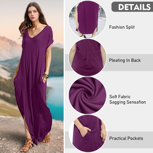 Image of Match Women's V-Neck Casual Loose Short Sleeve Long T-Shirt Dress Split Maxi Dress with Side Pocket