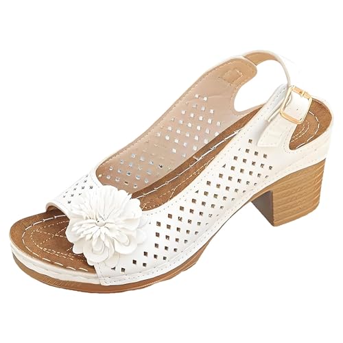 Buckled Square Heel Sandals for Women, 2026 New Womens Peep Toe Slingback Low Chunky Heeled Dress Sandals(White,6)