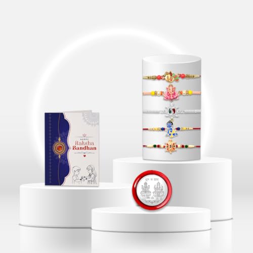 Image of Periapt Rakhi Gift Set for Brother & Bhabhi - Traditional Rakhis with Silver Coin & Greeting Card - Combo for Raksha Bandhan