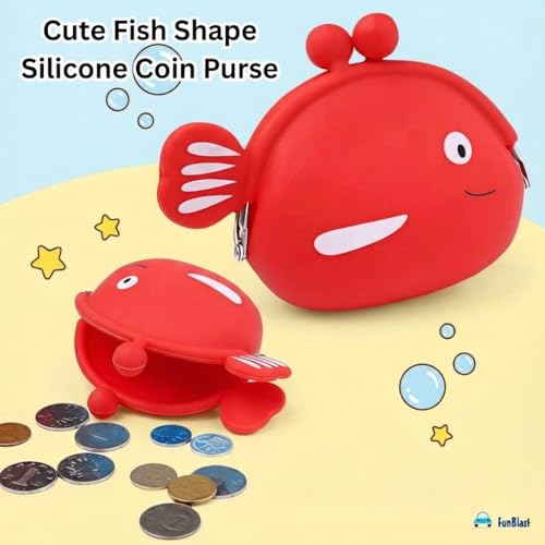 Image of FunBlast Cute Fish Shape Silicone Coin Purse for Kids & Adults - Mini Pouch for Coins, Earphones, Keys & Small Essentials, Aesthetic Pouches for Girls & Women - 12 X 9.5 X 3 Cm (Red)