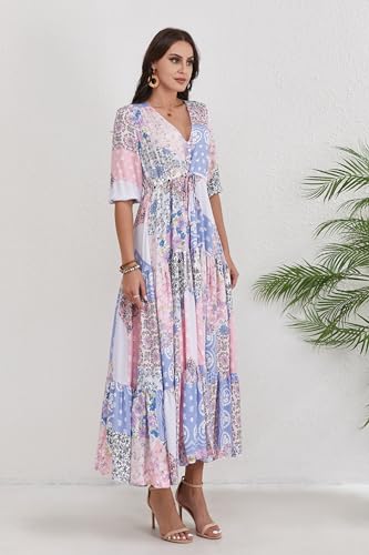 Image of Women Short Sleeve V Neck Floral Print Casual Bohemian Maxi Dresses