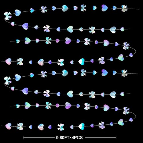 Image of Iridescent Bow Decorations Holographic Paper Heart Bow Hanging Garland Streamer for Coquette Bachelorette Birthday Valentines Wedding Bridal Shower Engagement Anniversary Party Decorations Supplies